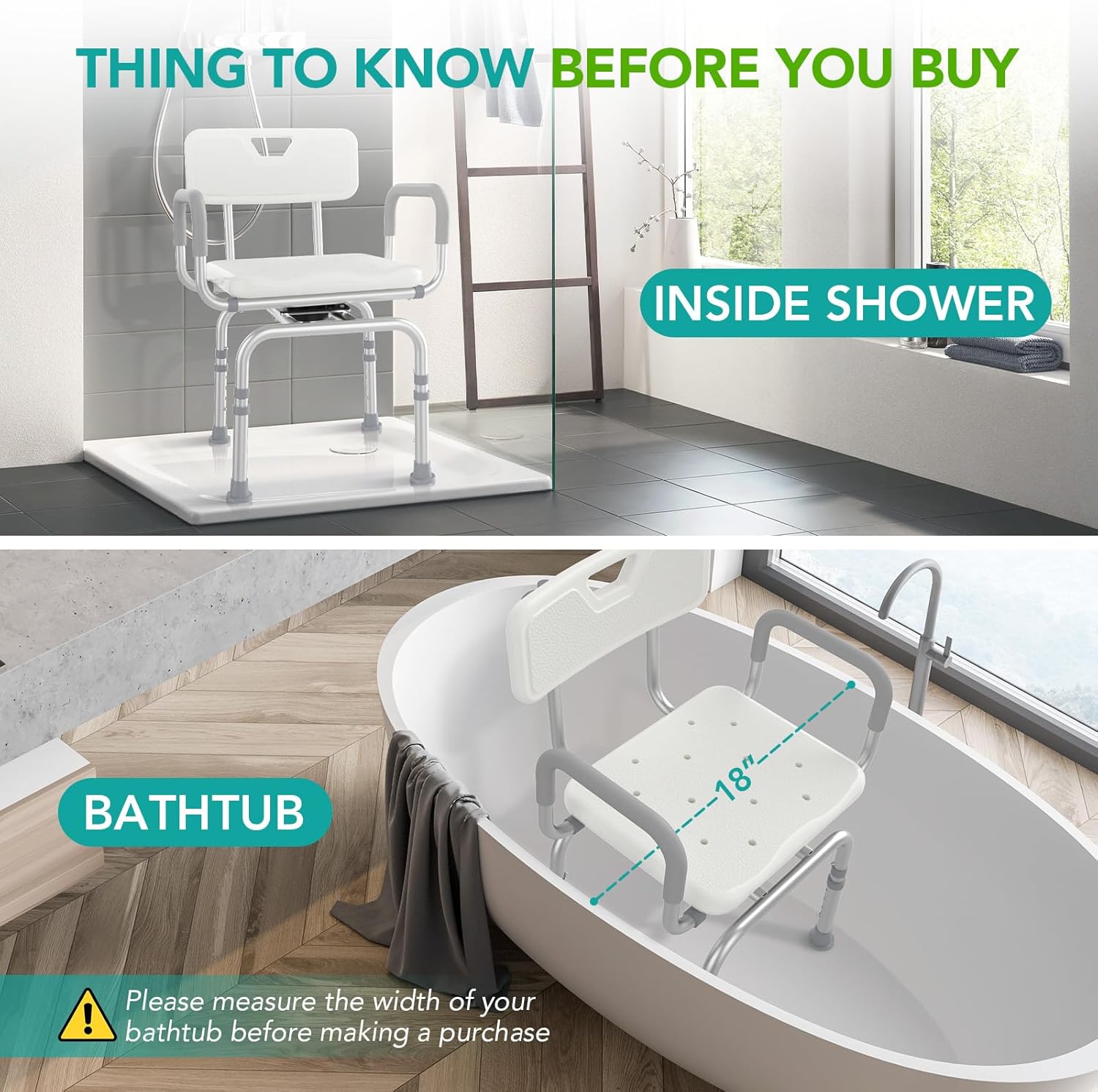 360 Swivel Shower Chair with Back and Arms, 400lbs Heavy Duty Adjustable Bath Chair for Elderly Disabled Bariatric Pregnant, Handicap Shower Seat for Inside Tub